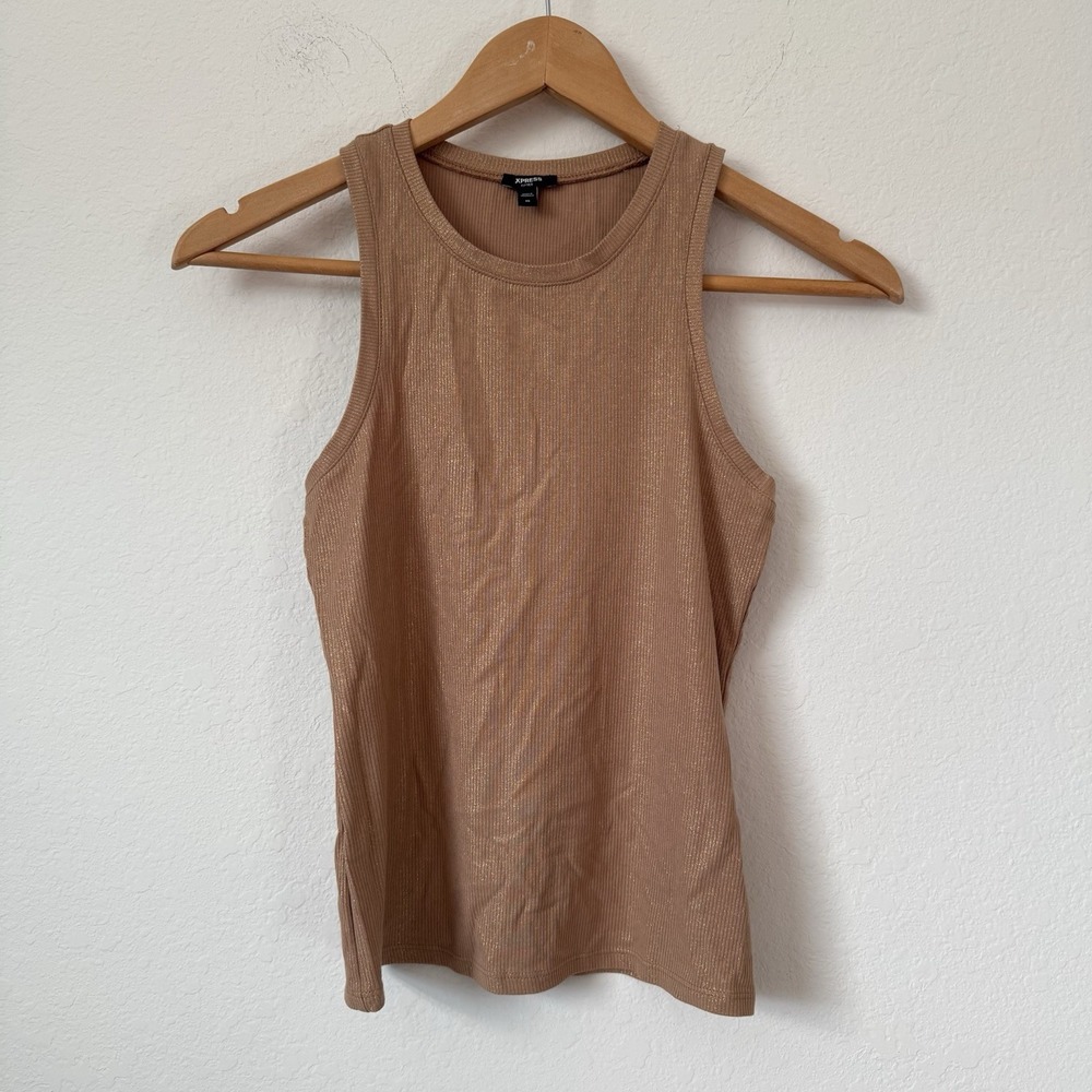 Express Womens X-Small Fitted Ribbed High Neck Tank Top Tee Shine Gold Tan